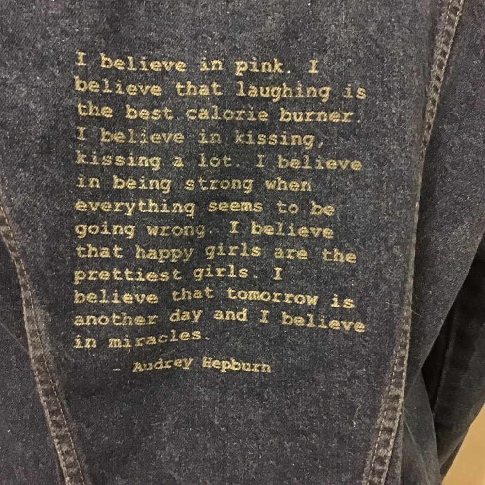 Vintage Rustler Jean Jacket with Audrey Hepburn quote on the back. Size Medium